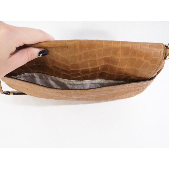 Michael Kors Caramel Brown Alligator Embossed Flap Bag Gold Lock & Chain Strap - Picture 6 of 12